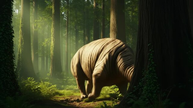 Striped-hide beast foraging in a sun-dappled, verdant, densely wooded forest