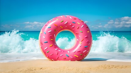 Giant pink sprinkled donut pool float on sandy beach with ocean waves
