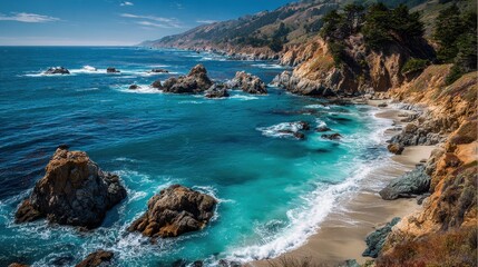 Obraz premium Breathtaking Views of Northern California Coastline: Pacific Beach at Big Sur with Crystal Blue Ocean Waves