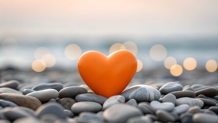 Fototapeta premium Vibrant orange heart shaped stone stands out among grey pebbles near water