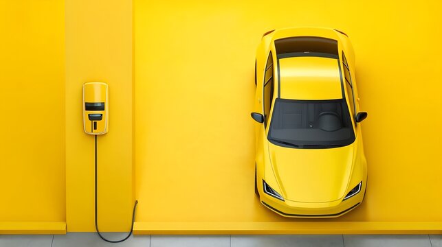 Vibrant electric yellow car charging station bright yellow background clean energy transportation