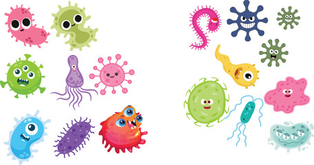 Obraz premium Colorful Cartoon Microbes A Vector Illustration of Various Bacteria and Microorganisms, Ideal for Educational or Health-related Projects
