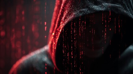A mysterious figure in a dark hoodie, partially obscured by simulated digital rain, creates a moody and enigmatic atmosphere.