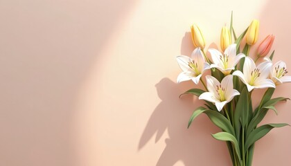 White lilies and yellow tulips create elegant floral arrangement. Soft pastel background with gentle light shadows. Beautiful blossom bouquet for decoration.