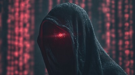 A mysterious figure shrouded in a dark cloak, with a glowing red eye, set against a backdrop of digital binary code.