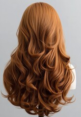 Luxurious voluminous auburn waves cascade down a mannequin's back, showcasing healthy, vibrant hair with elegant curls and a soft sheen.