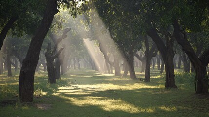 camphor. Sunlight filtering through a forest of camphor trees with visible light rays. travel magazines, destination branding, designed for travel destination branding, used by logistics managers.