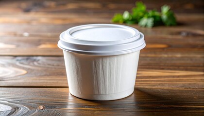 “Two white disposable food containers on wooden surface, ribbed texture, soft focus, rustic setting”