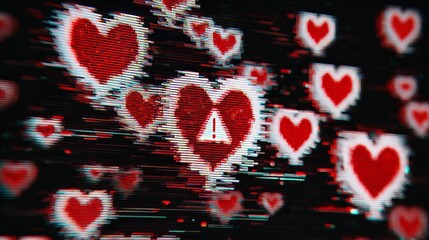 Abstract digital art featuring glitch effects with red hearts on a dark background, creating a vibrant and modern aesthetic.