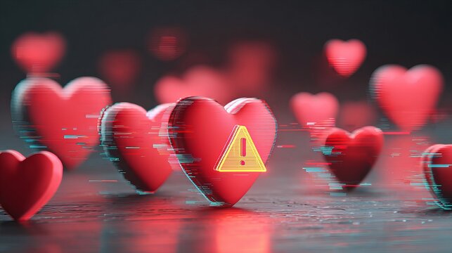 A collection of vibrant red hearts with a warning symbol, creating a contrast of love and caution in a digital setting.