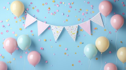 Pastel Balloons and Confetti on Light Blue Background with Pennant Banner for Birthday Party Celebration, Festive Decoration