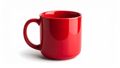 “Red ceramic mug on white background, glossy finish, bold color, minimalist product focus”