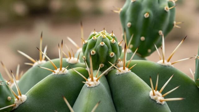 Close-up of a green cactus with sharp spines in a