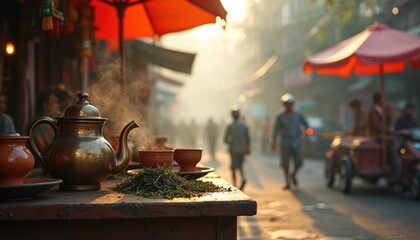 Authentic Indian street tea stall. Steam rises from brass teapot. Tea leaves and cups on table. People walk on busy street with red umbrellas and vehicles.