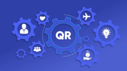 QR Code Business Concept Gears with Icons on Blue Background Keywords: QR code, quick response - Powered by Adobe