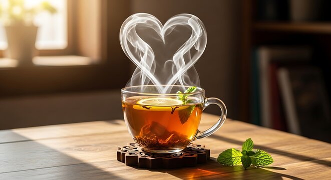 A warm cup of tea with heart shaped steam on a wooden table.
