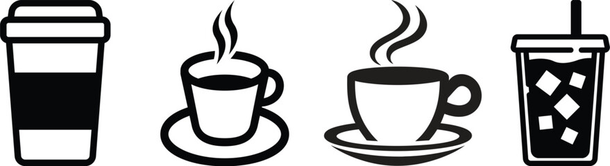 Modern vector icons of various coffee beverages. Includes steaming hot mugs, convenient disposable cups, and refreshing iced drinks, ideal for cafe menus and digital projects