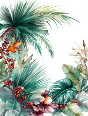 Fototapeta premium Tropical Plants in Vibrant Colors With Exotic Flowers and Leaves in Isolated Clip Art Style