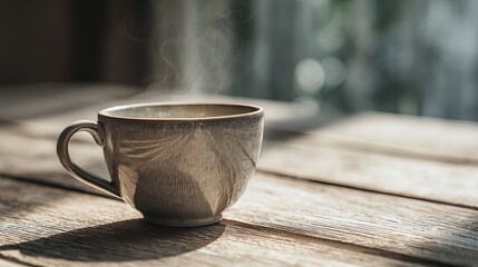 A serene close-up of a steaming cup of coffee on a rustic wooden table, evoking warmth and comfort.