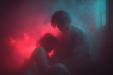 Couple embraces in a misty room with colorful lighting during an intimate moment at dusk