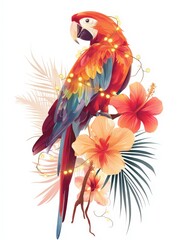 Obraz premium Colorful Parrot Perched Among Tropical Flowers and Greenery With Lights at Night