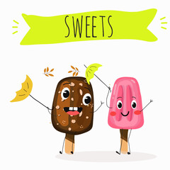 Tasty ice creams, ice-cream cones and popsicle, funny characters, hand drawn vector illustration.