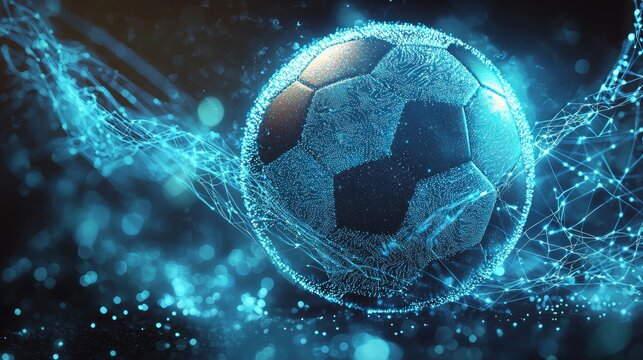 Digital Soccer Ball with Glowing Blue Network Connections, Futuristic Sports Technology, Artificial Intelligence in Football, Data Visualization and Global Connectivity