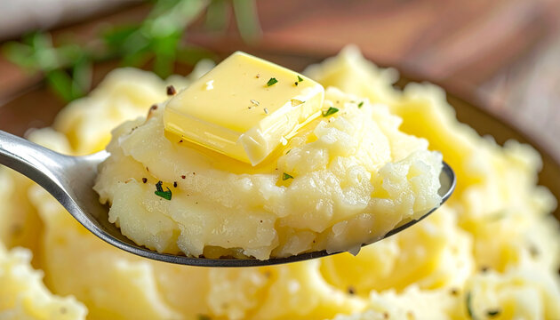 Spoonful of creamy mashed potato with melting butter, extreme close-up