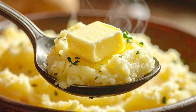 Spoonful of creamy mashed potatoes with melted butter, extreme close-up texture - Powered by Adobe