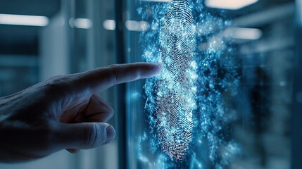 A close-up of a hand interacting with a digital fingerprint on a futuristic interface, showcasing technology and security.