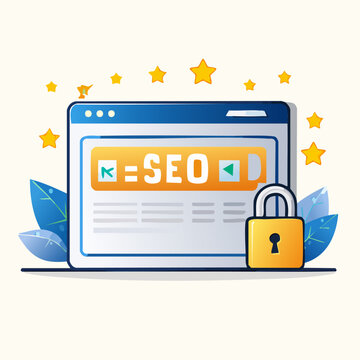 SEO Security - Website Optimization and Protection with Padlock and Stars.
