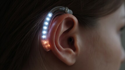 Close-up of a female with a modern hearing aid featuring LED lights, highlighting advancements in assistive technology.