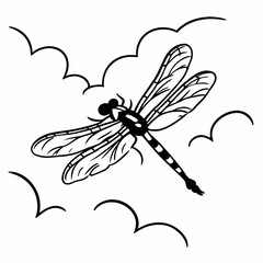 Black and white silhouette of a dragonfly amongst stylized clouds