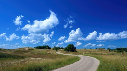 Fototapeta premium Indiana Dunes: Captivating Summer Landscape with Rolling Fields, Blue Skies, and Fluffy Clouds
