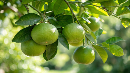 Green Grapefruits hanging on tree in garden, Green Grapefruit on tree in natural warm sunlight background