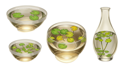 Glass bowls and vase filled with water and green aquatic plants, home decor and floral arrangement concept