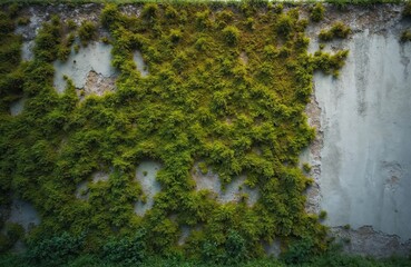 Green moss grows on cement wall. Aged concrete facade with damage spots. Mossy texture covers dirty surface. Damp environment creates unique texture. Rich plant expands on wall in eco garden.