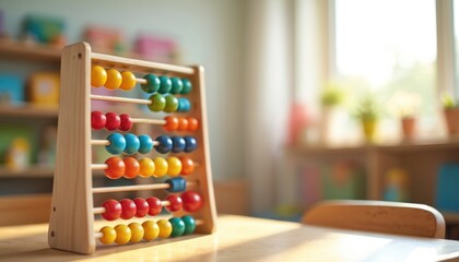 Wooden abacus toy with colorful beads sits on a table in a sunny classroom. Blurred shelves with books and learning materials in background. Preschool education concept.