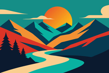 Stylized mountain landscape with winding river and sunset