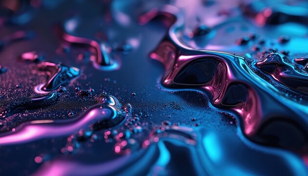 Abstract liquid background with vibrant colors. Metallic fluid texture flows with light reflections. Deep blue hues blend with purple and pink accents. It is suitable for tech projects.