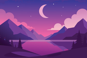 Serene mountain lake at twilight with a crescent moon and stars