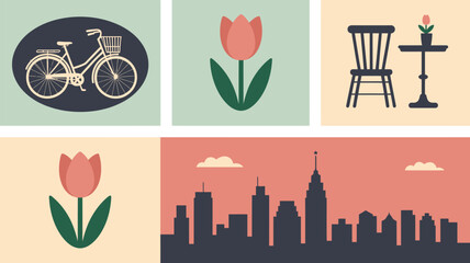 A collection of flat design illustrations featuring a bike, flowers, chair and a cityscape view