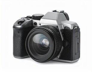 big professional modern photo camera, png file of isolated cutout object with shado 
