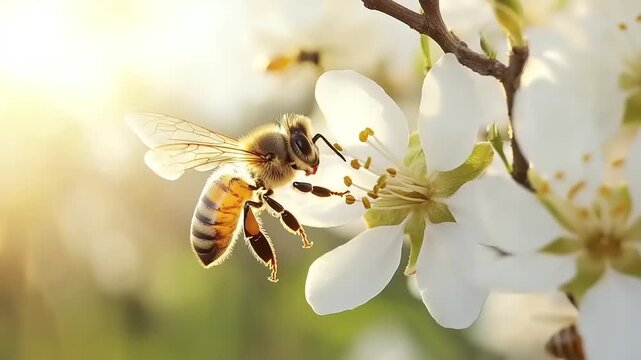 A bee pollinates a white flower in soft sunlight, showing intricate detail.