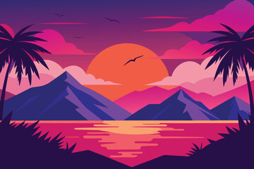 Vibrant sunset over mountains and ocean with palm trees