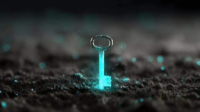 A glowing turquoise skeleton key rises from dark soil, surrounded by shimmering teal particles.