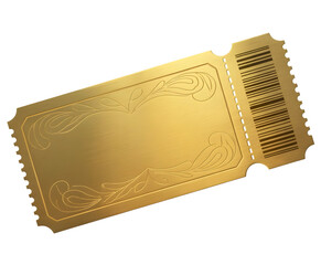 A golden ticket with decorative swirls and a barcode, isolated on a transparent background, symbolizing entry or prize