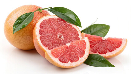 Delicious grapefruit with green leaves isolated on white background, showcasing its vibrant color and refreshing taste for healthy lifestyle and wellness