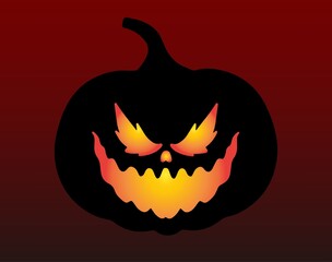 Halloween pumpkin with scary face on red background. Vector illustration.