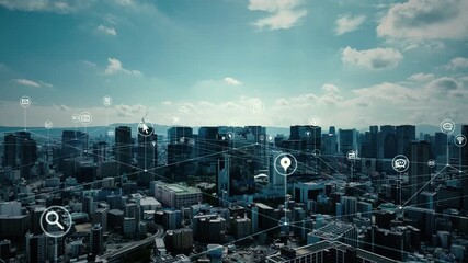 Concept image of aerial drone photography of a modern city and communication network - Powered by Adobe